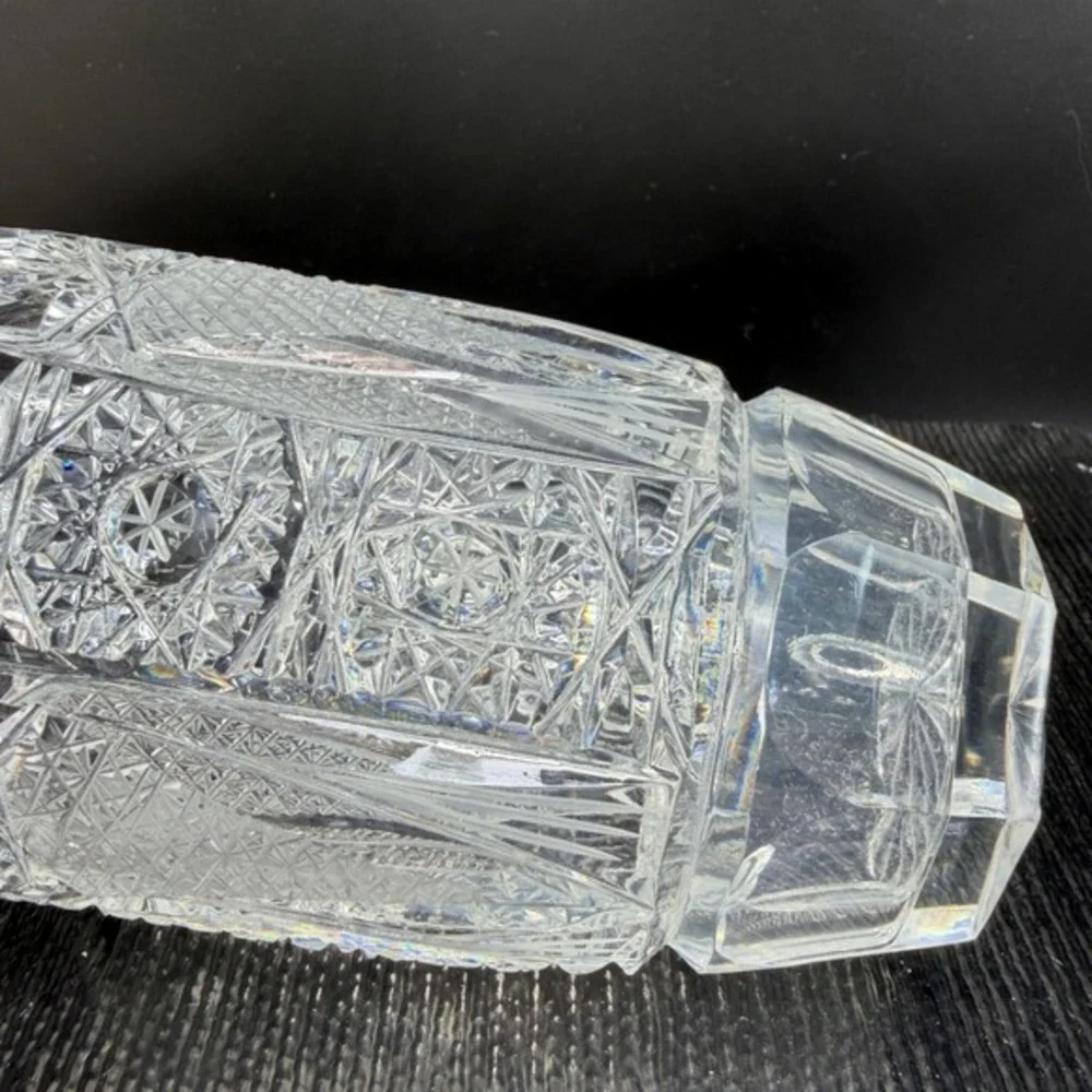 Vintage Cut Crystal Vase 5 Inch Sawtooth Rim Starburst Diamond Pattern Clear‎